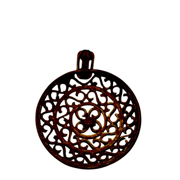 Round Brass Pendant With A Swirl Pattern & A Small Amber Stone - Picture 2 of 2